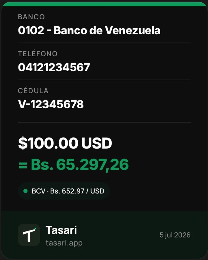 Tarjeta de cobro de Tasari con los datos de Pago Móvil y el monto exacto en bolívares