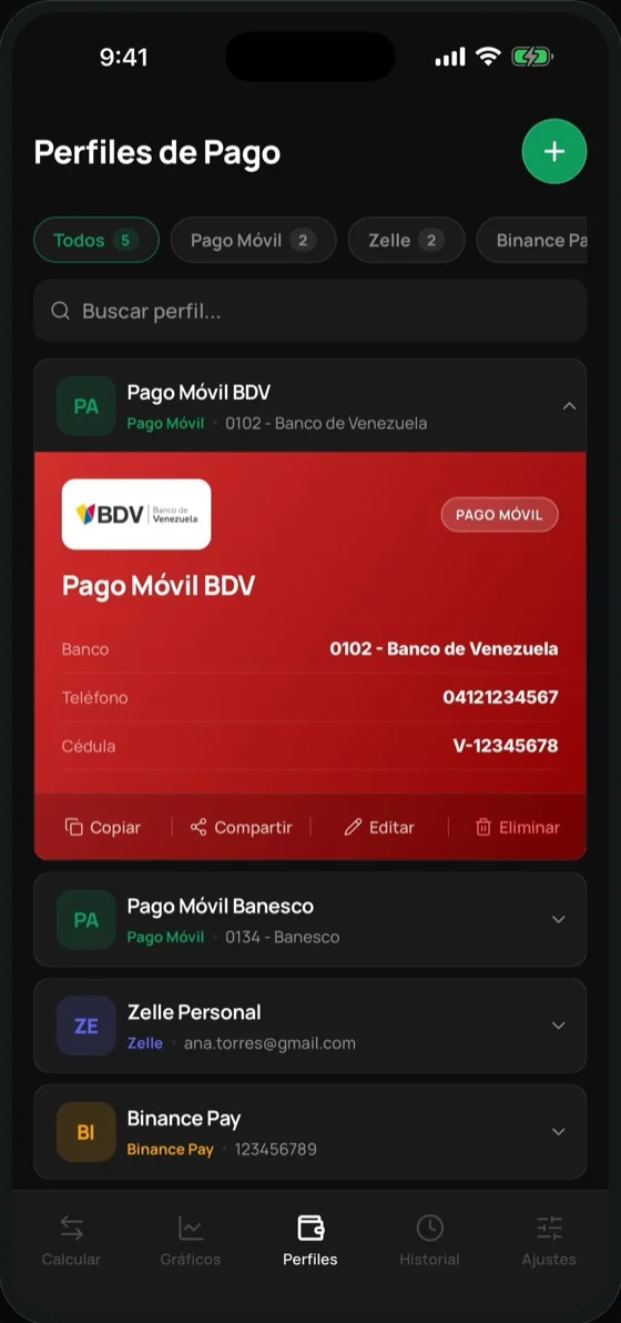Lista de perfiles de pago en Tasari con una tarjeta de Pago Móvil BDV